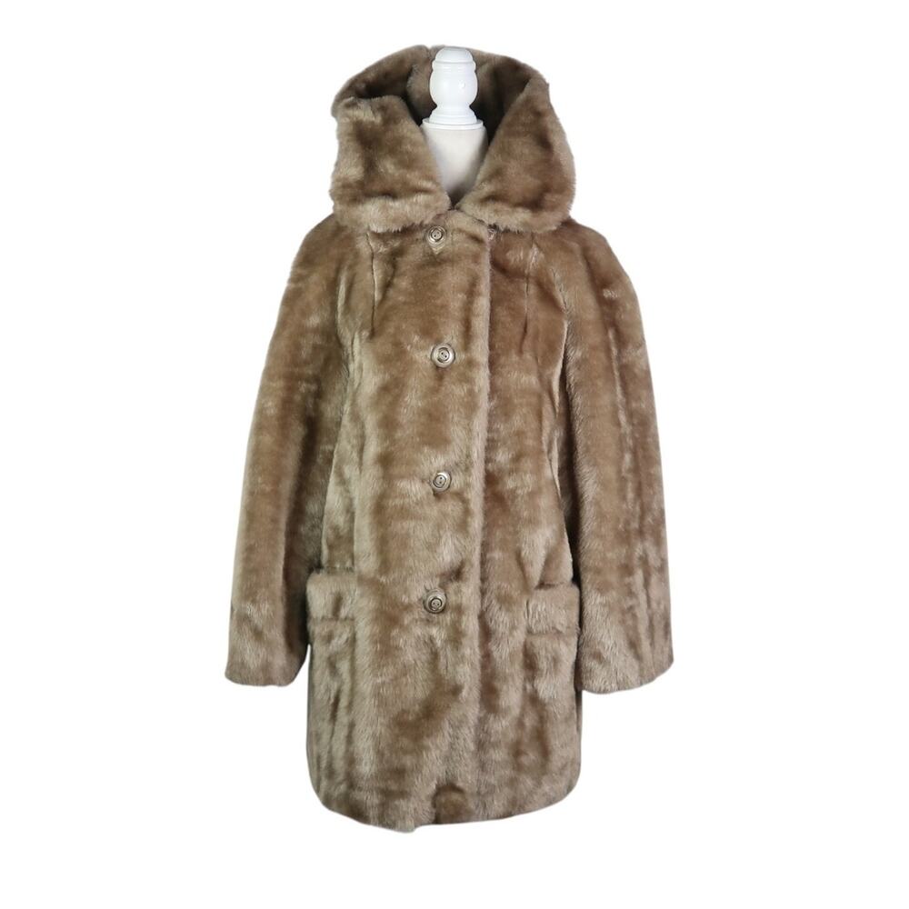 Vintage 70s Sharpee Tan Brown Faux Fur Hooded Coat Size 12